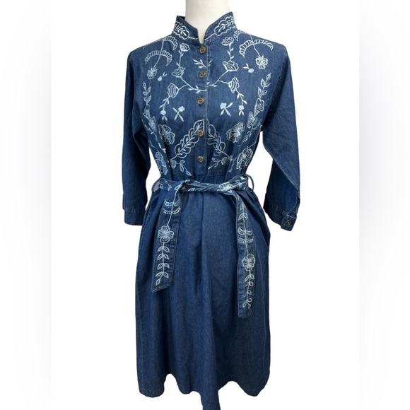 Marisol Denim Floral Embroidered Cottagecore Western Boho Belted Shirt Dress - Picture 1 of 6